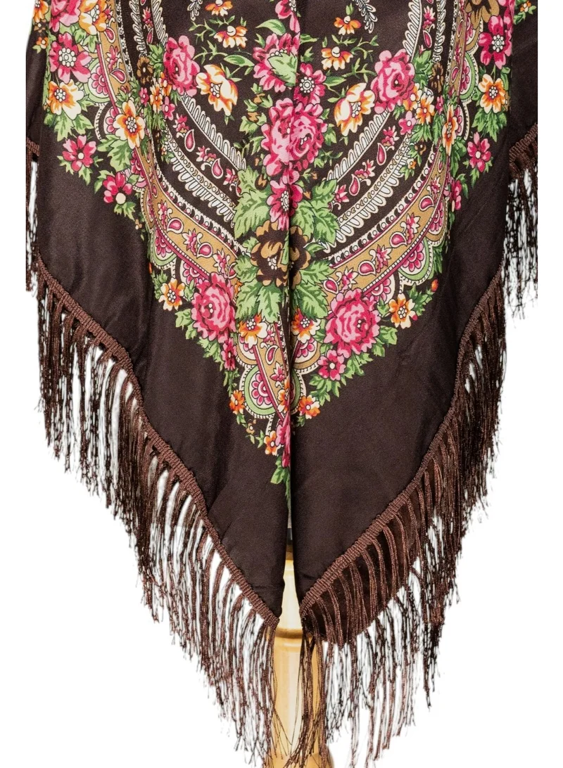 Bidani Heritage Brown Shawl with Fringes – Traditional Russian Print